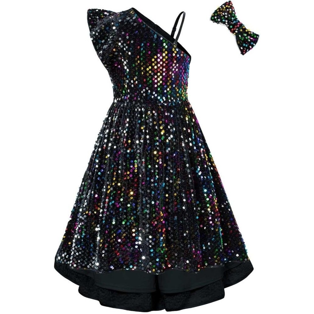 Grace Karin Girls Party Dress Size 8 w/ Hair Tie Bow Sequins Black Formal Disco
